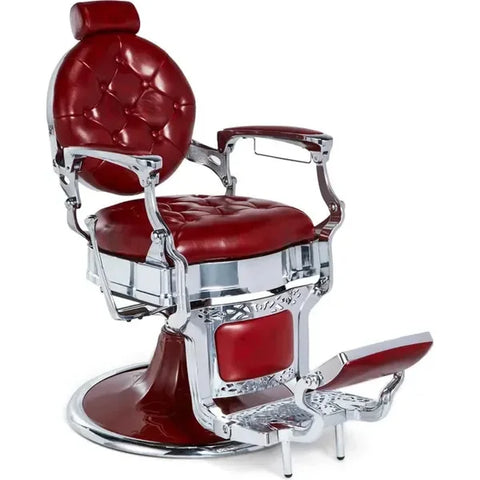 Robuster Barber stuhl in Rot – Silber, Herren Friseurstuhl Kirk für stilvolle Friseursalons. Ideal für Barbershop-Umgebungen.