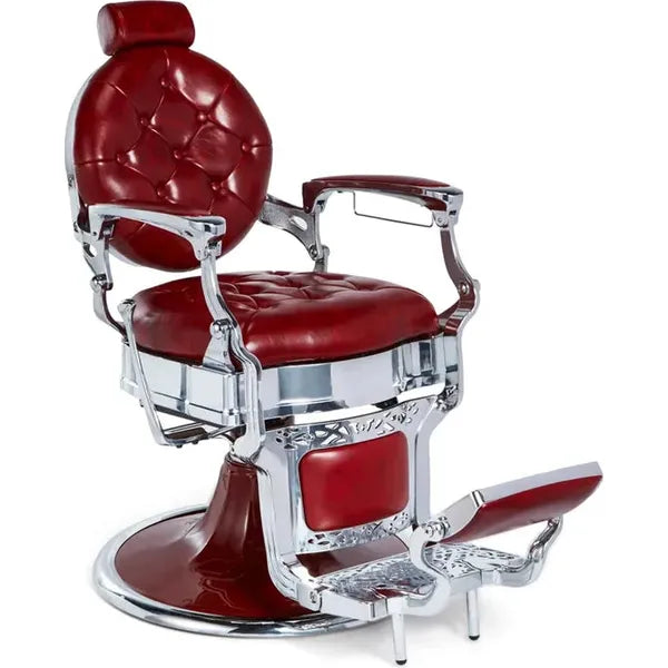 Robuster Barber stuhl in Rot – Silber, Herren Friseurstuhl Kirk für stilvolle Friseursalons. Ideal für Barbershop-Umgebungen.