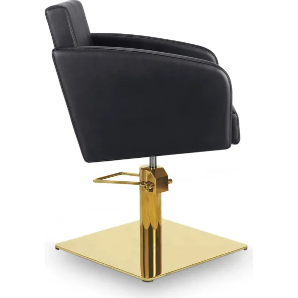 Luxuriöser Friseurstuhl Loris in eleganter Schwarz-Farbe mit goldener Basis für stilvolle Saloneinrichtungen.
