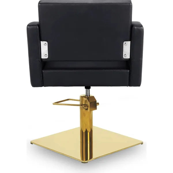 Eleganter Friseurstuhl in Schwarz-Farbe, Luxuriöser Friseurstuhl Loris mit goldener Basis für stilvolle Salons.