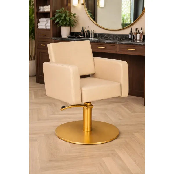 Friseurstuhl Flirty – eleganter Profi-Salonstuhl mit Hydraulikpumpe, beigefarbenes Polster, Goldbasis
