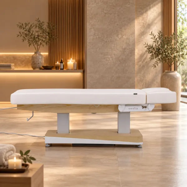 Elektrische Spa-Kosmetikliege mit Holzoptik, weißem Polster und 4 Motoren für professionelle Wellness- und Massagestudios.