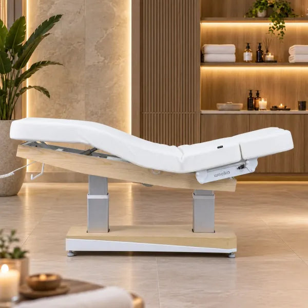 Elektrische Spa-Kosmetikliege mit Holzoptik, 4 Motoren und Heizung für Wellnessstudios.
