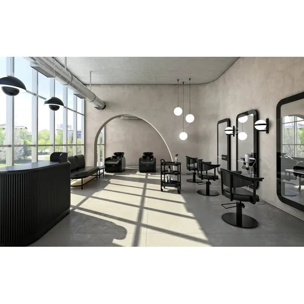 Friseur Waschbecken mit Fußstütze und ergonomischem Design, Friseurwaschbecken Charly im modernen Salonambiente.