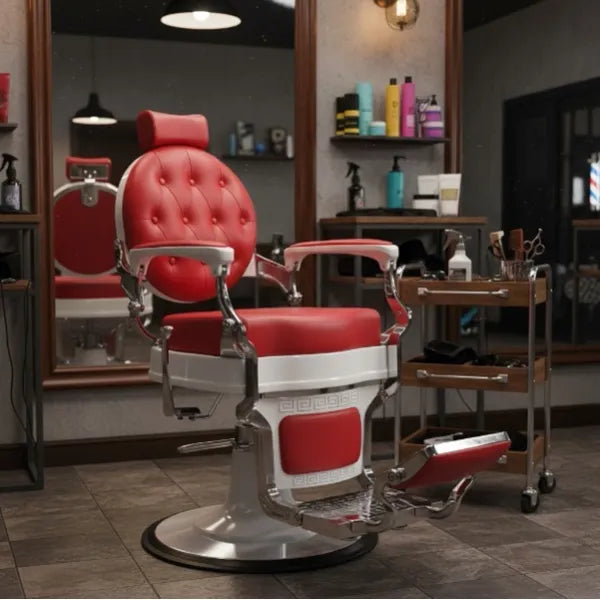 Barber stuhl in Weiß-Rot, Herren Friseurstuhl Mae mit hydraulischer Pumpe, Barbershop stuhl - Tiptop - Einrichtung