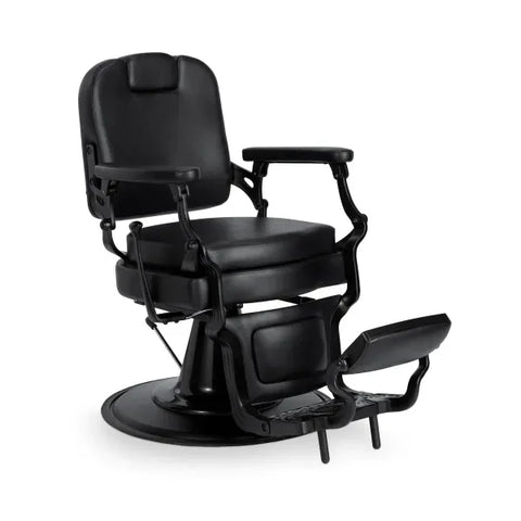 Barberstuhl Mark-B Schwarz – luxuriöser Herren-Friseurstuhl mit gepolsterter Rückenlehne, Armlehnen und Fußstütze.