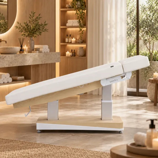 Elektrische Spa-Kosmetikliege mit Holzbasis, elektrisch verstellbar für Antigravity-Positionen im professionellen Beauty-Studio.