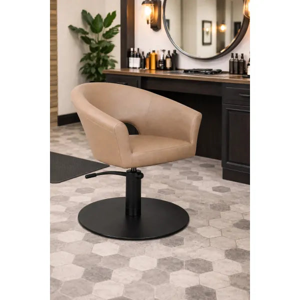 Friseurstuhl Cosmo – Luxuriöser, eleganter Salonstuhl aus beigem Leder mit Rundbasis.