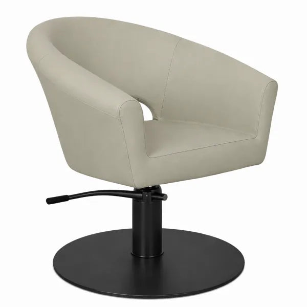 Friseurstuhl Cosmo – Luxuriöser eleganter Salonstuhl aus beigem Leder auf runder schwarzer Basis.