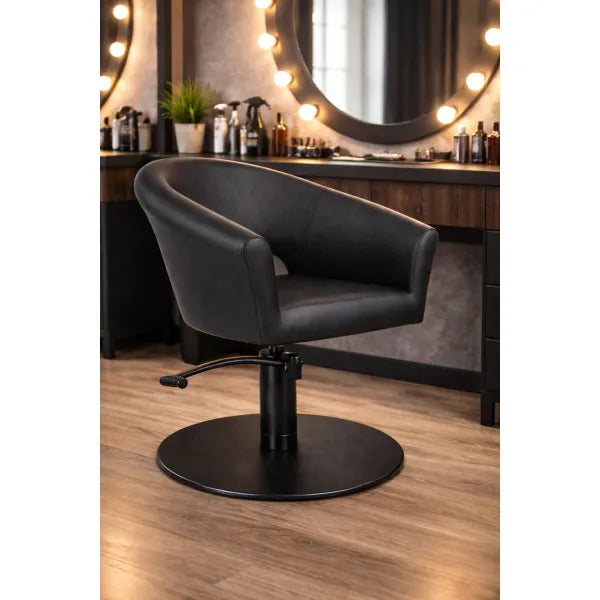 Friseurstuhl Cosmo – luxuriöser, eleganter Salonstuhl auf Rundbasis, verstellbar, schwarzes Leder