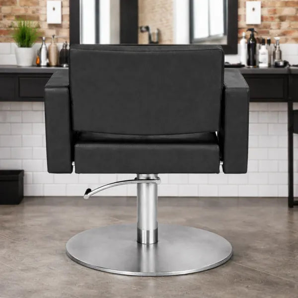 Friseurstuhl Flirty – eleganter Profi-Salonstuhl mit Hydraulikpumpe, schwarzer Sitz, runder Metallfuß