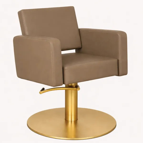 Friseurstuhl Flirty – eleganter Profi-Friseurstuhl mit Hydraulikpumpe, beigefarbener Sitz und goldener Standfuß.