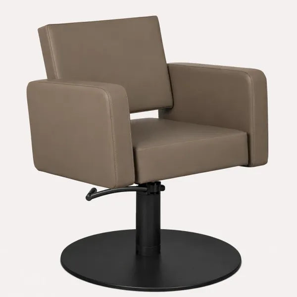 Friseurstuhl Flirty – eleganter Profi-Salonstuhl mit Hydraulikpumpe, beiges Leder, runder Stand.