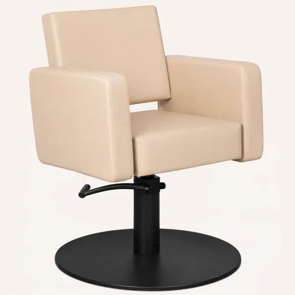Friseurstuhl Flirty – eleganter Profi-Friseurstuhl mit Hydraulikpumpe, beiges Polster, runder schwarzer Standfuß