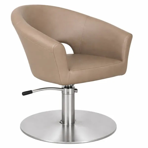 Friseurstuhl Cosmo aus beigem Leder, luxuriös, komfortabel, verstellbar, mit Chromrundbasis.