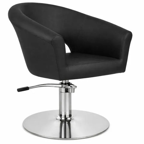 Friseurstuhl Cosmo: luxuriöser schwarzer Ledersessel auf Chrombasis mit Fußhebel.