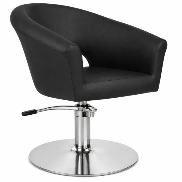 Friseurstuhl Cosmo: luxuriöser schwarzer Ledersessel auf Chrombasis mit Fußhebel.