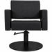 Friseurstuhl Flirty – eleganter Profi-Friseurstuhl mit Hydraulikpumpe, schwarzes Polster, runder Standfuß.