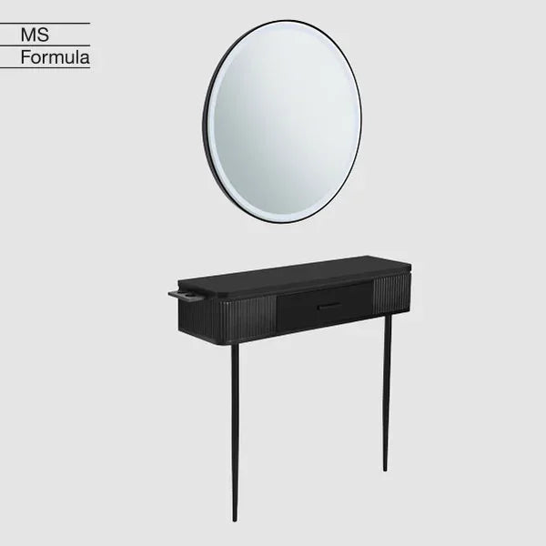 Schwarzer Friseur-Arbeitsplatz mit Rundspiegel, Ablage und Metallbeinen – stilvolles Styling-Setup.