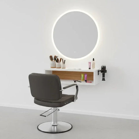 Friseur Bedienplatz mit LED-Beleuchtung und Regalaufbewahrung, Friseurarbeitsplatz Nask - Tiptop - Einrichtung