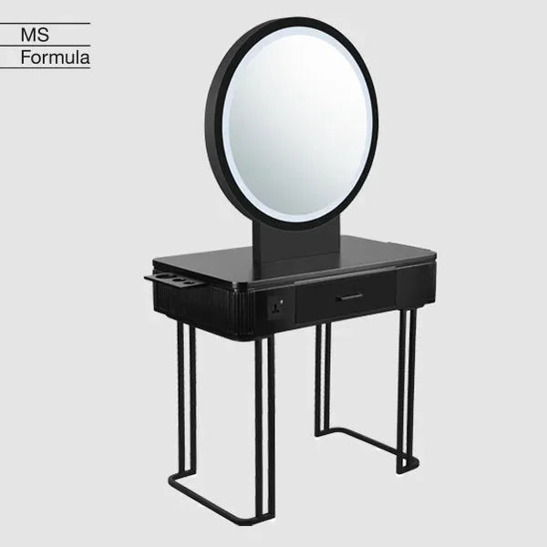 Friseurbedienplatz Nicole mit LED-Spiegel, freistehend, schwarzer MDF-Unterschrank, Metallgestell, Werkzeughalter, USB-C/USB