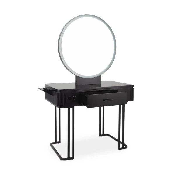 Friseurbedienplatz Nicole mit LED-Spiegel, freistehendes Styling-Unit mit Ablage, Schublade und Steckdosen.