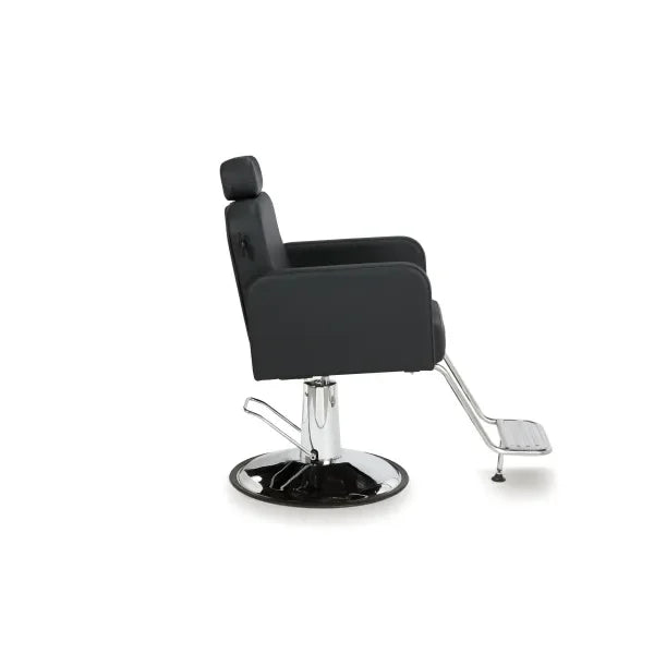 Luxuriöser Friseurstuhl Noor mit verstellbarer Rückenlehne, schwarzes PU-Leder, runder Chromfuß, Fußstütze.