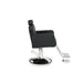 Luxuriöser Friseurstuhl Noor mit verstellbarer Rückenlehne, schwarzes PU-Leder, runder Chromfuß, Fußstütze.