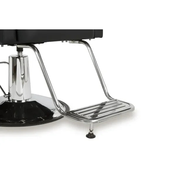 Luxuriöser Noor-Friseurstuhl mit verstellbarer Rückenlehne, verchromter Fußstütze und robuster Metallbasis.