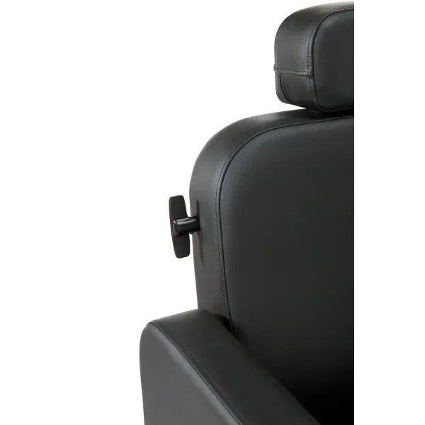 Luxuriöser Friseurstuhl Noor mit verstellbarer Rückenlehne, feuerhemmende PU-Lederpolsterung, stabiler Metallrahmen.