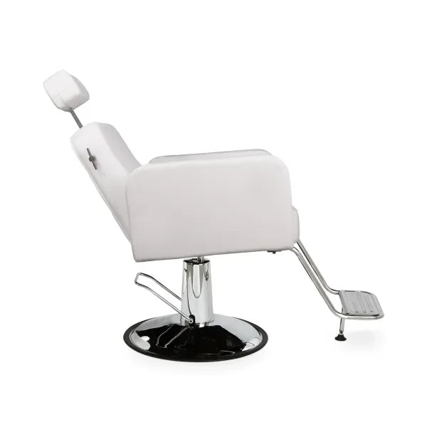 Luxuriöser Friseurstuhl Noor mit verstellbarer Rückenlehne, weißes PU-Leder, Hochdicht-Schaumkern, Fußstütze, Metallbasis.