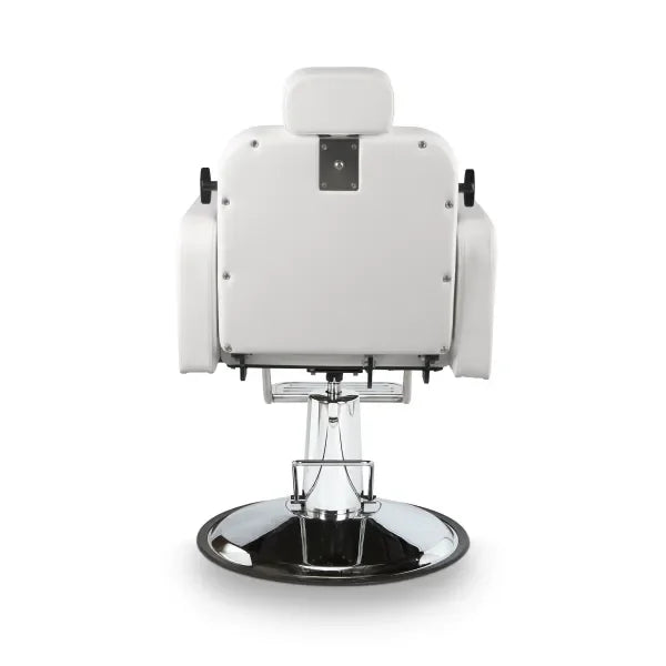 Rückansicht des Noor Friseurstuhls mit verstellbarer Rückenlehne, weiße PU-Lederpolsterung und stabiler Metallbasis.