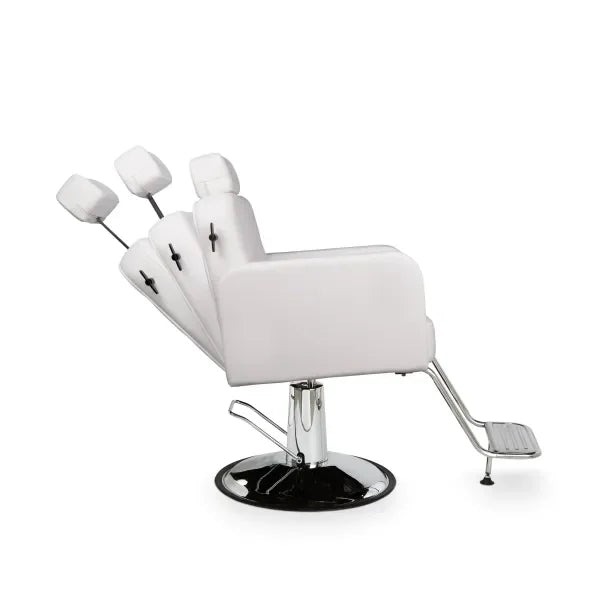 Luxuriöser Friseurstuhl Noor – weißer Profi-Stuhl mit verstellbarer Rückenlehne, Fußstütze und Hydraulikbasis