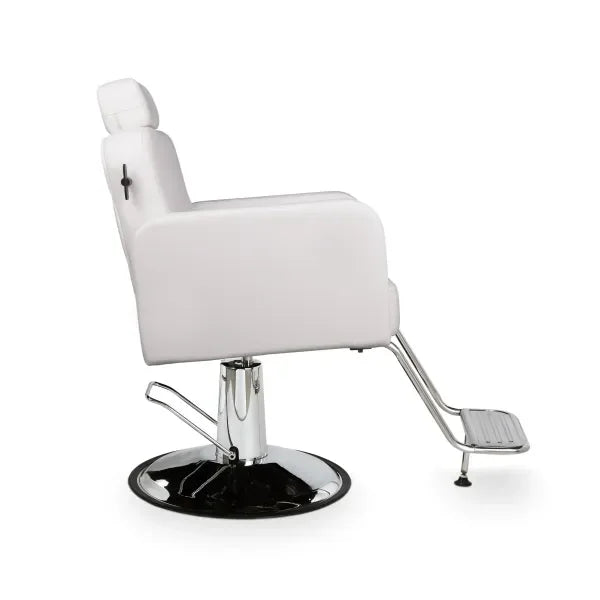Luxuriöser Friseurstuhl Noor in Weiß mit verstellbarer Rückenlehne, Fußstütze und Chrombasis.
