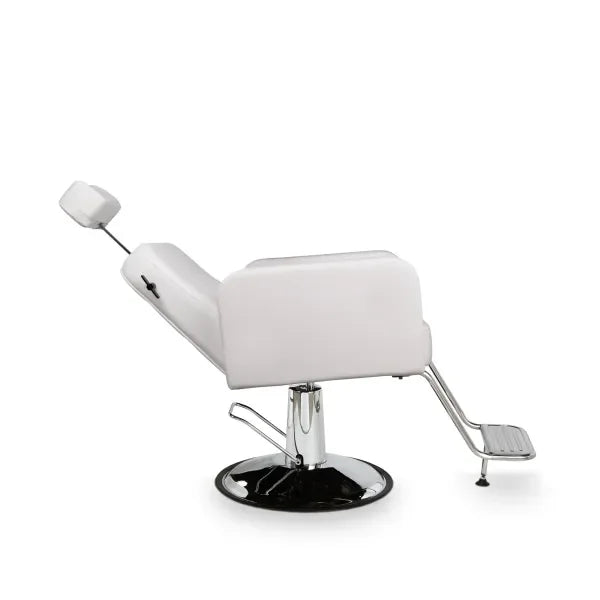 Luxuriöser Friseurstuhl Noor mit verstellbarer Rückenlehne, weißes PU-Leder, stabile Metallbasis und Fußstütze