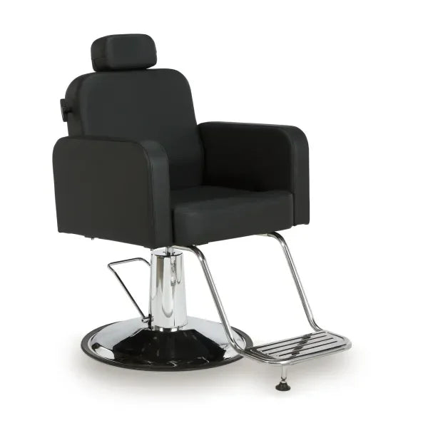 Luxuriöser Friseurstuhl Noor mit verstellbarer Rückenlehne, feuerhemmende PU-Lederpolsterung, runder Chromfuß.