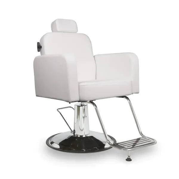 Luxuriöser Noor Friseurstuhl mit verstellbarer Rückenlehne, weiße PU-Lederpolsterung, Fußstütze und Chrombasis.