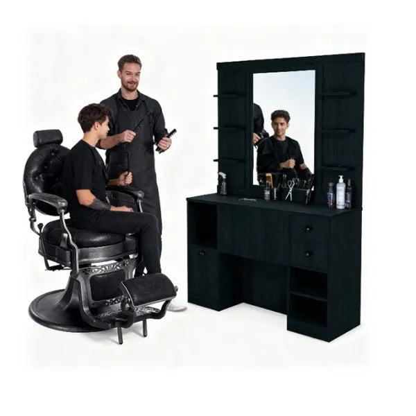 1x Barber stuhl Clint in Schwarz – 1x Friseur Bedienplatz OKE 1/98 - Tiptop - Einrichtung