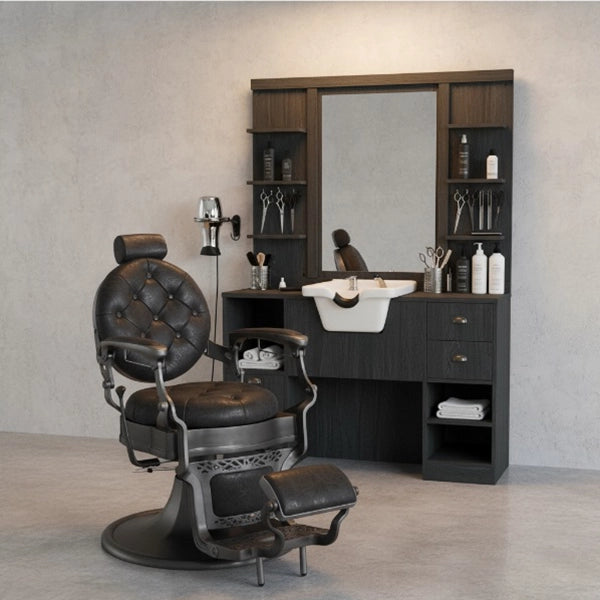 Vintage Herren Friseurstuhl, Barberstuhl Clint in Schwarz – Hochwertiger Barbershop Bedienplatz OKE 2/98/W - Tiptop - Einrichtung