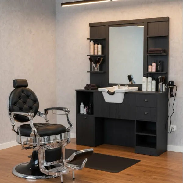 1x Barber stuhl Kirk in Schwarz und 1x Friseur Bedienplatz, Vorwärtswaschbecken friseur OKE 2/98/W - Tiptop - Einrichtung