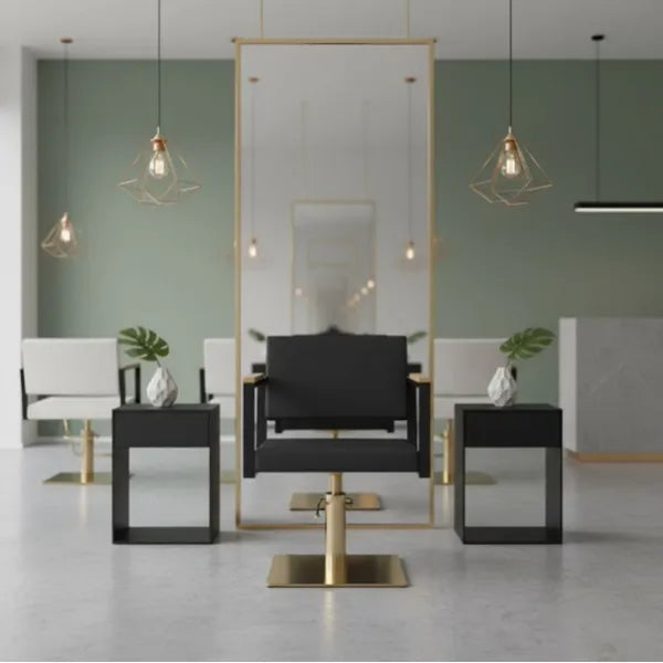 Friseurstuhl in eleganter Schwarz mit massiven Eichenholz-Armlehnen, Luxuriöser Friseur stuhl Ocean B - Tiptop - Einrichtung