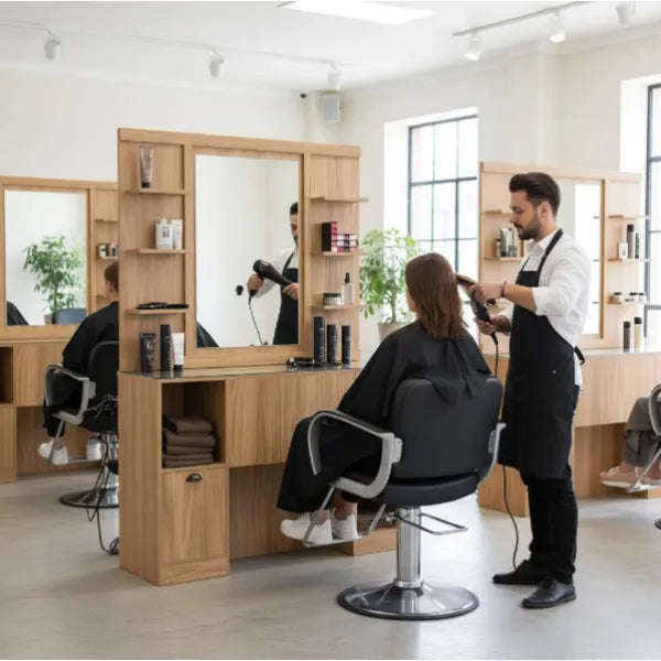 Friseur Bedienplatz aus Melaminholz mit modularem Design und Stauraum, Friseurarbeitsplatz Oke-bbr - Tiptop - Einrichtung