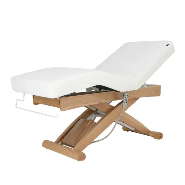 Elektrische Massageliege CYX+ mit 3 Motoren, weißem Bezug, Holzgestell, verstellbare Liegefläche