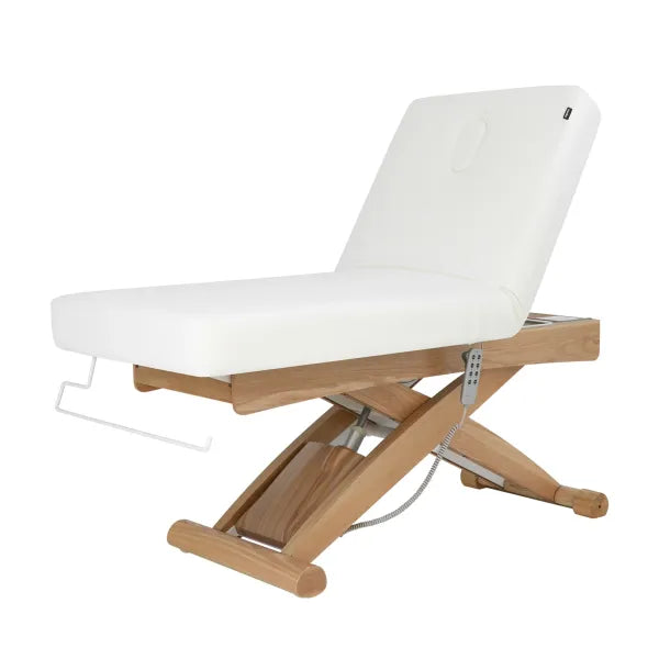 CYX+ Premium Elektrische Massageliege mit drei Motoren, weißer Bezug, Holzgestell und Fernbedienung