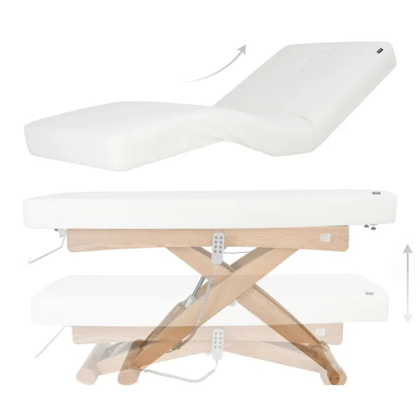 Elektrische Massageliege CYX+ mit 3 Motoren, Premium Weiß, verstellbares Rückenteil, Holzgestell, Fernbedienung