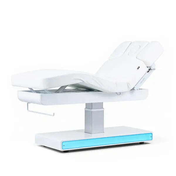 Elektrische Massageliege NUSH+ mit drei Motoren, weiße Spa-Liege und Kosmetikliege mit verstellbaren Positionen