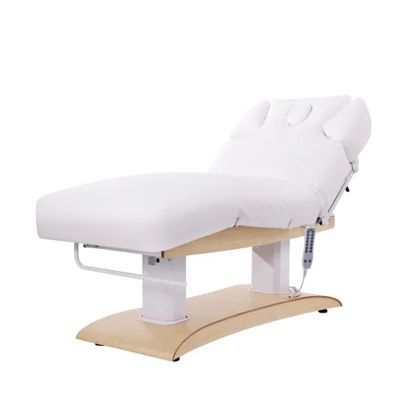 Elektrische Massageliege TROCH+ Premium Spa Liege mit vier Motoren, Heizung, weißes Polster, Holzbasis