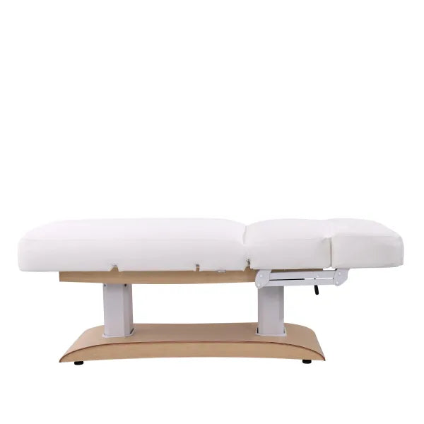 Elektrische Massageliege TROCH+ Spa-Liege mit 4 Motoren und Heizung, weiße Polsterung auf Holzuntergestell.