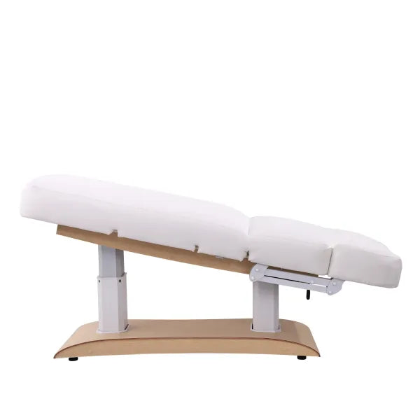 Elektrische Massageliege TROCH+ Premium Spa-Liege mit 4 Motoren und Heizung, weiße Polsterung auf Holzbasis