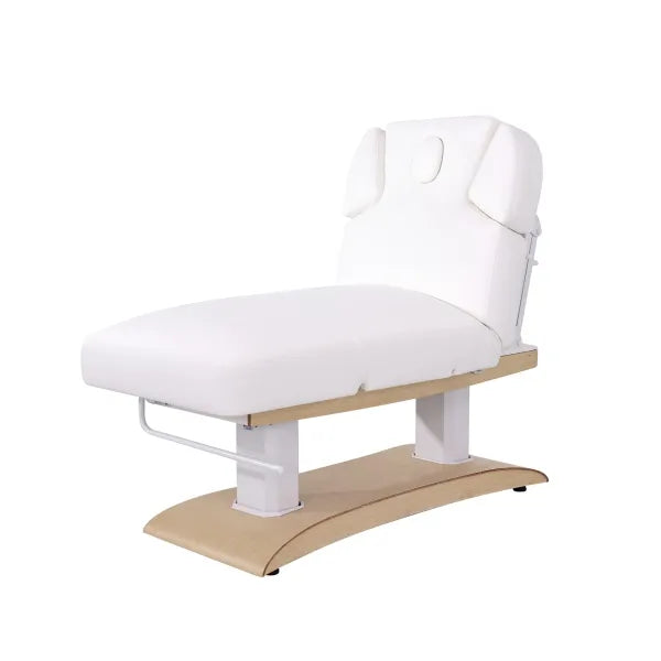 Elektrische Massageliege TROCH+ Premium: weiße Spa-Liege mit Holzuntergestell, 4 Motoren mit Heizung
